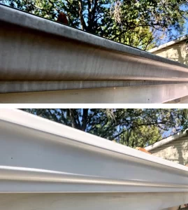 Gutter tiger stripe removal process entails stains being cleaned from gutter surfaces with specialized solution.