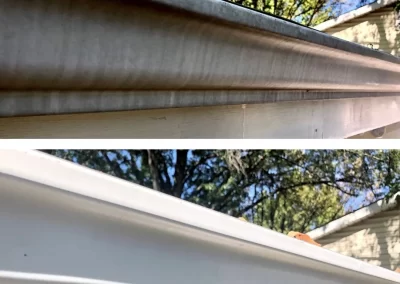 Gutter tiger stripe removal process entails stains being cleaned from gutter surfaces with specialized solution.