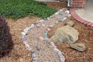 A French drain is a gravel filled trench with a perforated pipe that redirects water away from a building foundation.