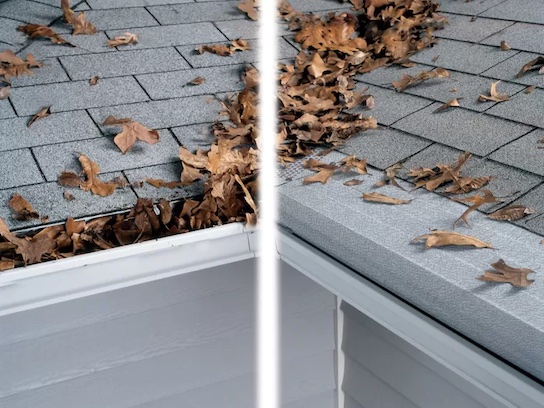 Gutter helmets are full hood style gutter coverings that start beneath your lower roof shingles to fully guard your gutters.
