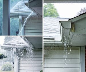 Rainwater can overflow from a clogged residential gutter during a heavy rainstorm, and run down the siding, causing a leak.